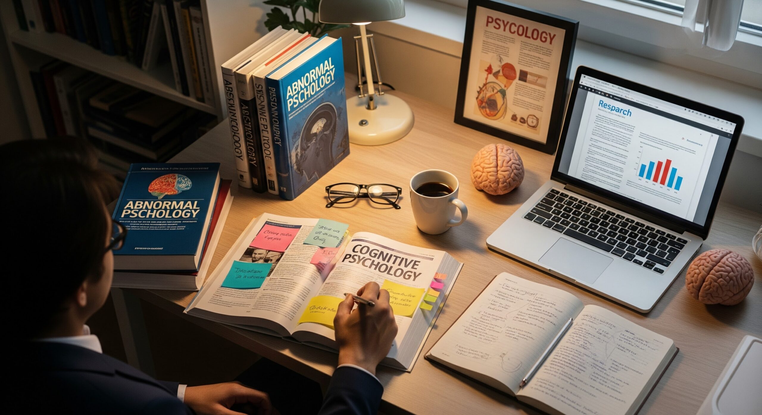 Cabelo escuro, estudante estudando psicologia cognitiva e psicologia anormal em um ambiente de estudo com livros, notebook, café e objetos decorativos.