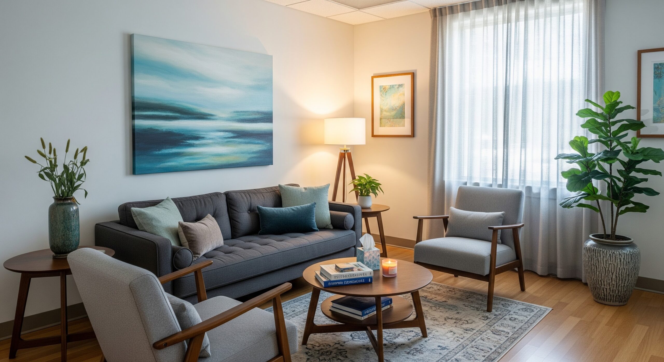 Sala de estar moderna com sofá cinza, cadeiras aconchegantes, mesa de centro, plantas e decoração suave, criando ambiente confortável e elegante.